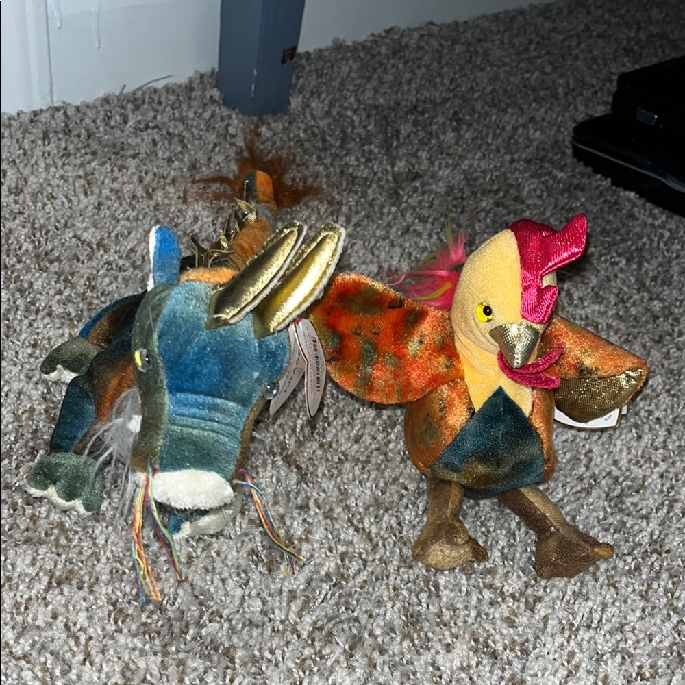 Colorful Plush Dragon and Rooster Set Zodiac Beanie Baby Collection Vintage Ty